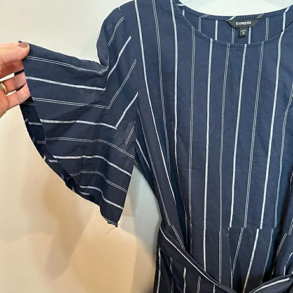 Express Navy Striped Ruffle Sleeve Wrap Dress M